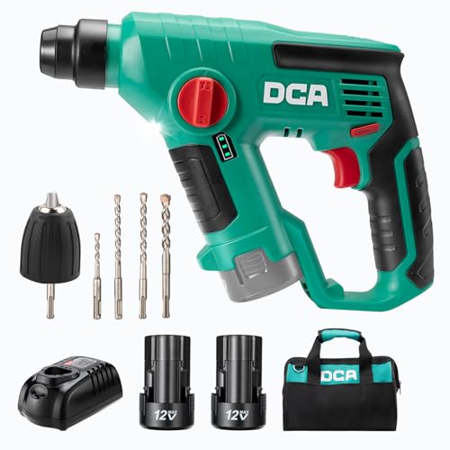 DCA 12V Cordless Drill Set SDS-Plus Hammer Drill, 1J 3-IN-1 Power Drill with Variable Speed, 2*2.0Ah Battery, 0-900 RPM/5600 BPM, with 3/8' Drill Chuck, 4 Drill Bits for Concrete, Brick, Metal, Wood