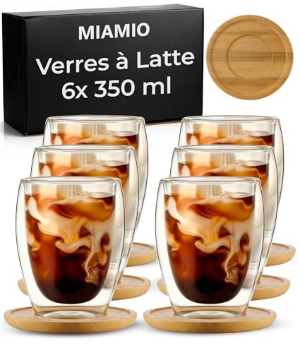 MIAMIO - Lot de 6 verres à latte macchiato/verres à café double paroi/sans anse/avec soucoupe/verre/paroi épaisse/en verre borosilicaté (350 ml)