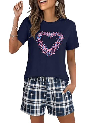 Demegimi Schlafanzug Damen Pyjama Kurz Baumwolle Shorty Zweiteiliger Nachtwäsche Sommer Pyjama Set Rundhals