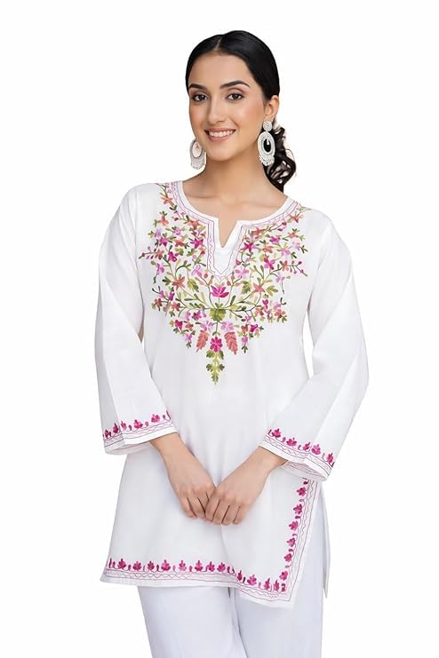 Image of Women's Magenta Embroidered Kurti with Floral Yoke Design