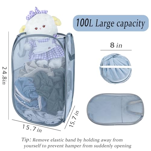 Image of Upgraded 100L Extra Large Collapsible Laundry Baskets, 2 Pack XL Mesh Pop Up Laundry Hamper with Handles, Portable Travel Laundry Basket, Foldable Hamper. Grey. 2V
