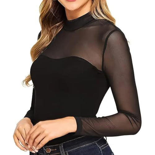 BWOOOWE Camiseta Transparente Mujer de Encaje con Cuello Alto Top de Malla Slim Fit de Manga Larga Elegante y Básico para Clubwear y Ocasiones Especiales(L)