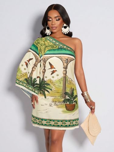 Image of KATECLO Women's One-Shoulder Boho Mini Dress - Asymmetrical Sleeve Floral Print Summer Shift Dress with Border Trim