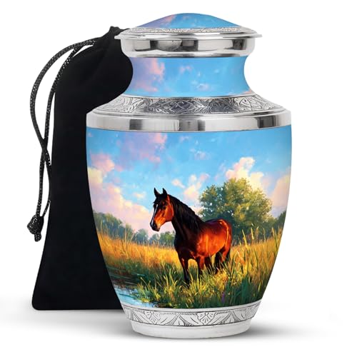 KARYLIZ Horse Urn Cremation for Ashes - Blue Urns for Human Ashes Adult Male & Female - Large Urns for Human Ashes Adult Man - Funeral & Burial Urn for Women - Decorative Gift for Father - 10 Inch