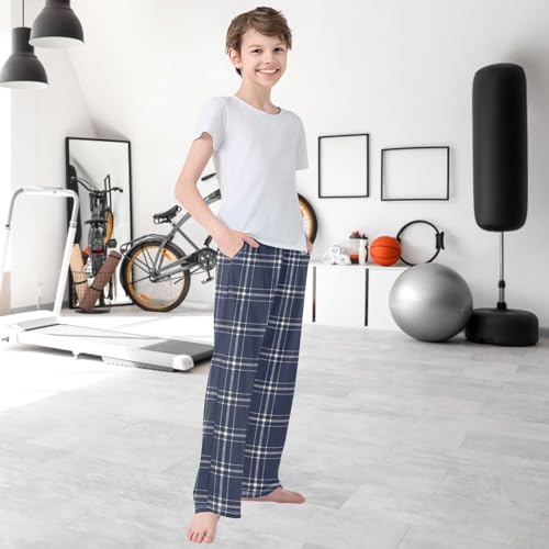 Boy's Pants Classic Blue White Plaid Jogger Pants Elastic Waist Long Bottoms Trousers with Pockets 6-14 Years 6