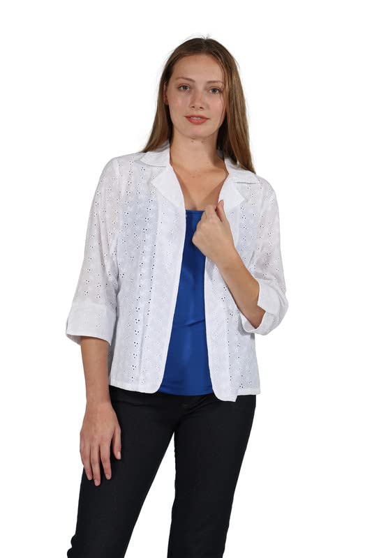 LA CERA Women's Embroidered Eyelet Jacket- 3/4 Sleeves, Collared with 2 Front Snap Buttons, 100% Cotton