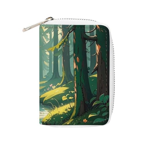 RFID Credit Card Holder Wallets for Women Cute Small Leather Ladies Cardholder Wallets Enchanted Wilderness Fantasy on Dark Green Card Organizer Case with Zipper