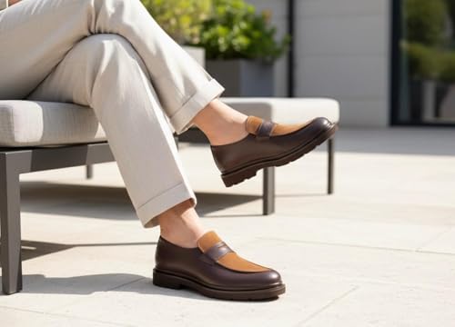 Image of Men's Leather Penny Loafers with Lug Sole - Slip-On Casual Dress Shoes, Full-Grain Leather & Suede Upper, Comfortable Rubber Sole
