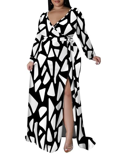 Image of PinkPatty Women's Plus Size Long Sleeve Maxi Dress Casual V Neck Slit Tie Waist Wrap Dresses for Party Cocktail