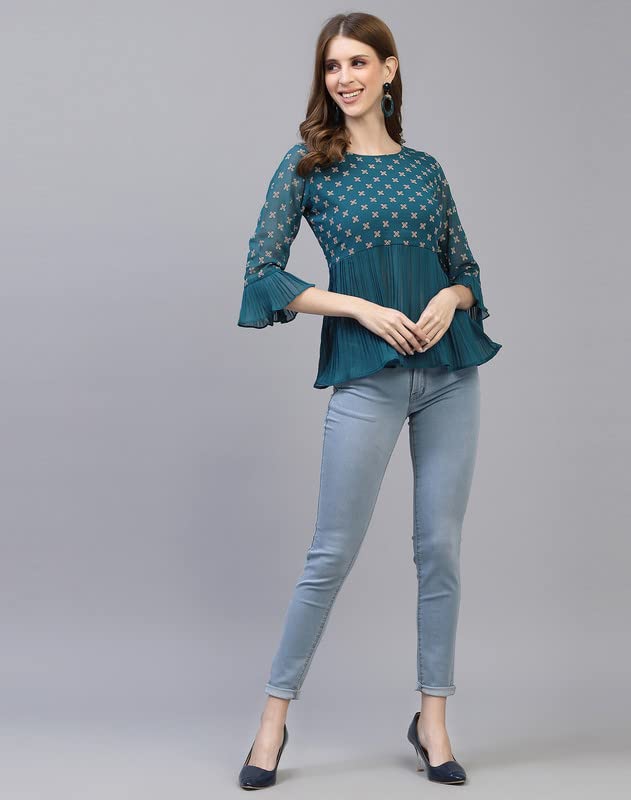 Image of Selvia Women's Georgette Round Neck Fit & Flare Top