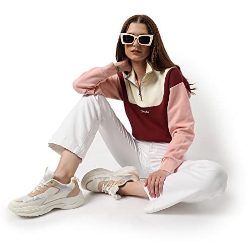 Image of PINACOLADA Women's Colorblock Sweatshirt with Ribbed Hem for Casual Wear | Low-High Neck | Long Sleeve | Button Closure | Cotton Sweatshirt Crafted with Comfort Fit for Everyday Wear