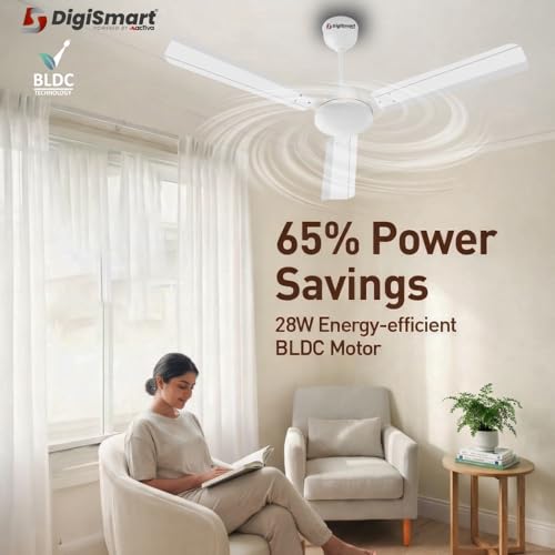 Image of DIGISMART Storm BLDC 1200 MM Ceiling Fan with Remote, 28W Energy Efficient, 225 CMM Air Delivery, 65% Power Saving, Low Noise, Reverse Mode, Smart Memory, 3 Blade Ceiling Fan 5 Year Warranty (White)