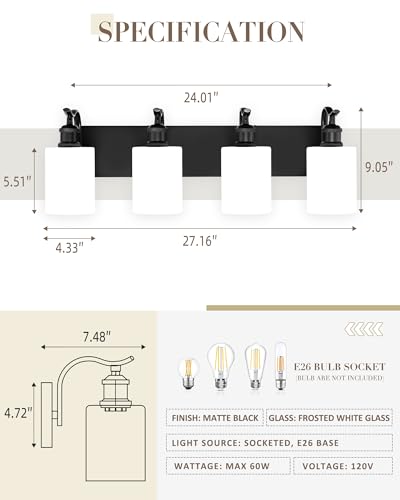 Image of Black Vanity Light, 4-Light Bathroom Light Fixture, Modern Wall Sconce with Milk Glass, VL01BKW-4