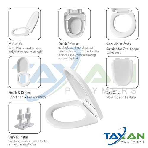 Image of Taxan Plastic Toilet Seat Cover with Soft Closer Mechanism- U-Shape Commode Seat Cover - with Sleek Design & Easy Installation with Installation Kit (44cm x 34cm, White)