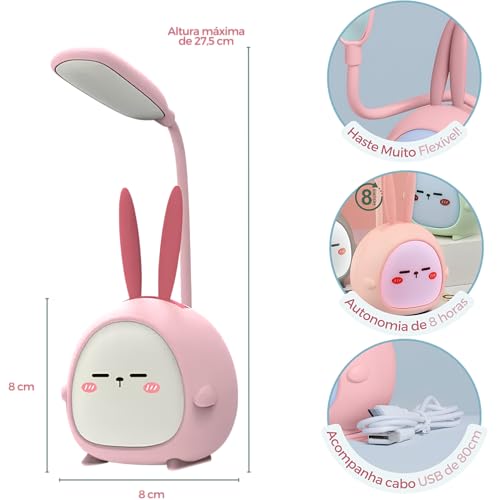 Luminária Led Mesa Abajur Articulável Infantil Recarregável (Rosa Claro)