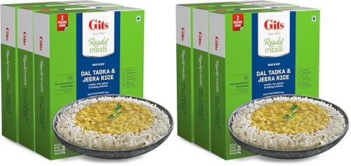 Image of Gits Ready to Eat Jeera Rice + Dal Tadka Combo Indian Meal, Pure Veg Heat and Eat, 1125g (Pack of 6 X 375g Each)