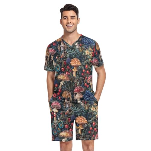 GAIREG Conjunto de pantalones cortos de pijama suave para hombre, estampado vintage de hongos, flores, manga corta, ropa de dormir de verano, ropa de descanso, talla S, Flores de hongos vintage