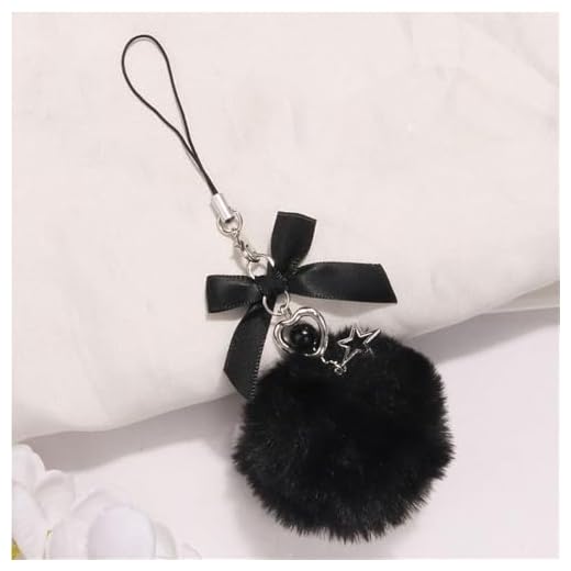 Pompom Keychains Key Holder Jewelry Gift Colorful Mobile Phone Lanyard Small Ribbon Bow Hairball Pendant for Car Key Handbag Tote(Black)