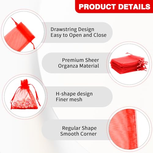 Image of Red Organza Bags - 50 Pcs, Sheer 3 x 4 Inch, Jewelry & Party Favor Bags with Drawstring, Small Mesh Gift Pouches for Wedding & Christmas