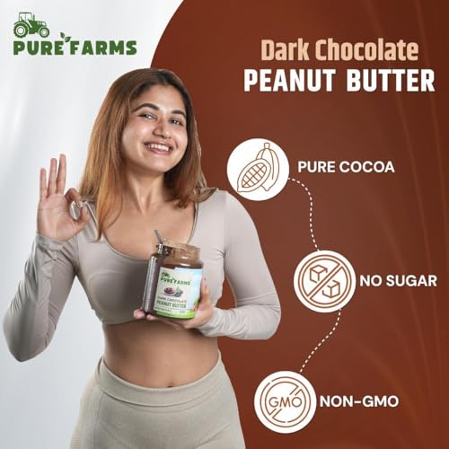 PURE FARMS Dark Chocolate Peanut Butter, 325gm Pack, Crunchy Delight with Rich, Pure Cocoa | Classic Snack, Guilt-Free Indulgence, Protein & Chocolate