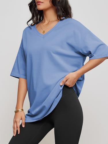 Image of ATHMILE Womens Oversized Shirts V Neck Plus Size Spring Workout Summer Tops Beach Vacation 2026 Gym Clothes Basic Tee