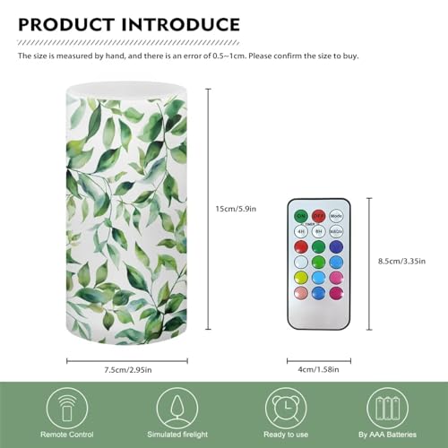 Image of Flameless Candle Battery Powered with Remote Control 12 Colors 4 /8 Hours Timer LED Night Lights Pillar Candle Tealights for Indoor Outdoor Home Wedding Decoration, Green Leaf White