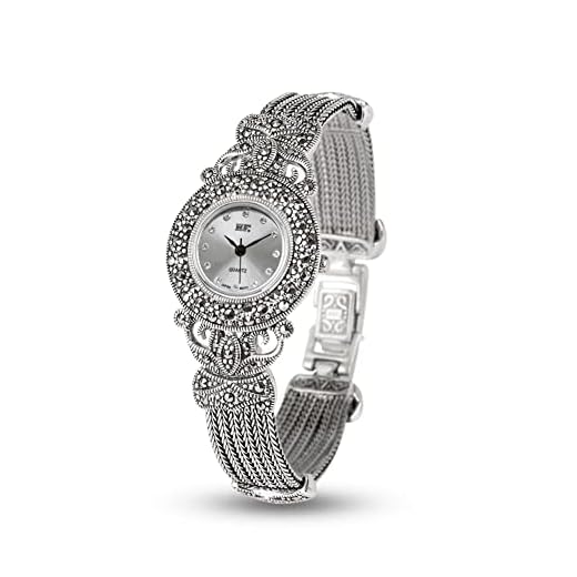 Jade Angel Reloj de pulsera de plata de ley con marcasita estilo vintage para mujer, plata, Pulsera