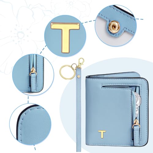 Image of COSHAYSOO Initial Teen Girl Womens Wallets RFID Slim Wristlet Keychain Easter Birthday First Communion Confirmation Gifts for 10 11 12 13 14 15 16 17 18 19 21 Year Old College Teenager, Blue Letter T