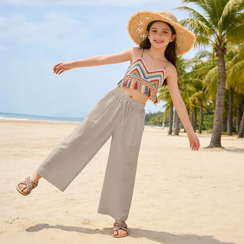 Image of Rolanko Girls Wide Leg Linen Pants Breathable Flowy Palazzo Trousers for School Beach Daily Wear 9-15 Years