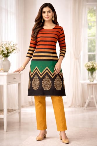 Image of Women's Cotton Blend Unstitched Kurti Set for Women | A-Line Style Dress Material | 2-Piece Traditional Ethnic Wear Suit Fabric