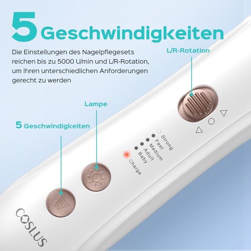 COSLUS C43 Professionelle Elektrische Nagelfräser Set: Maniküre Pediküre Set Fußpflege Elektrisch für Zehennägel, Hände und Füße, Breiterer Schleifer für dicke Nägel, 5 Geschwindigkeiten, LED Licht