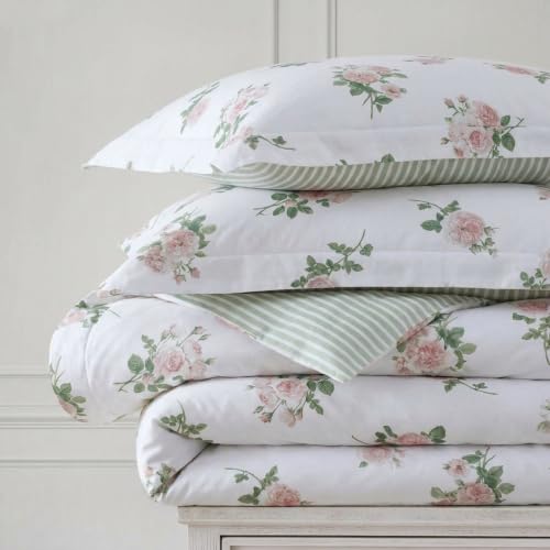 Image of Martha Stewart - Twin Comforter Set, 100% Silky Smooth Cotton Sateen Floral Bedding for Year Round Comfort, 2 Piece Bed Set with Matching Pillowcase (Tea Rose Pink)