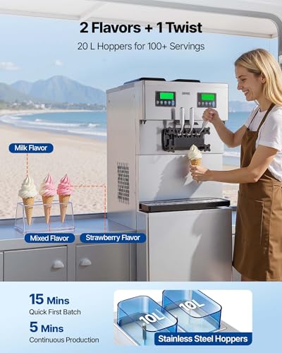 Image of VEVOR Commercial Ice Cream Machine, 34-44L /H Yield, Dual-Compressor Freestanding Soft Serve Ice Cream Maker with 2 * 10L Hoppers & 3 Flavors, Pre-Cooling Puffing Low-Mix Alert for Snack Dessert Shops
