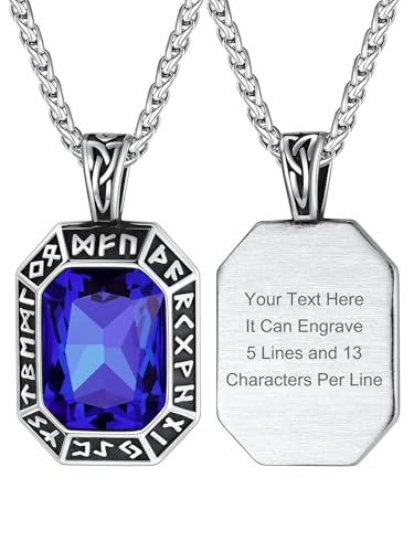 Image of ChainsHouse Viking Rune Pendant Necklace for Men Women, Punk Biker Black Metal /316L Stainless Steel Onyx Norse Vintage Amulet Necklaces with Black /Red /Green /Blue Gemstone, Send Gift Box