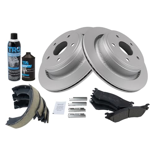 Image of TRQ Rear Brake Pad & Rotor Kit, with Chemical Kit Parking Brake Shoe Set Ceramic Premium G-Coated Compatible with 2004-2006 Dodge Ram 1500