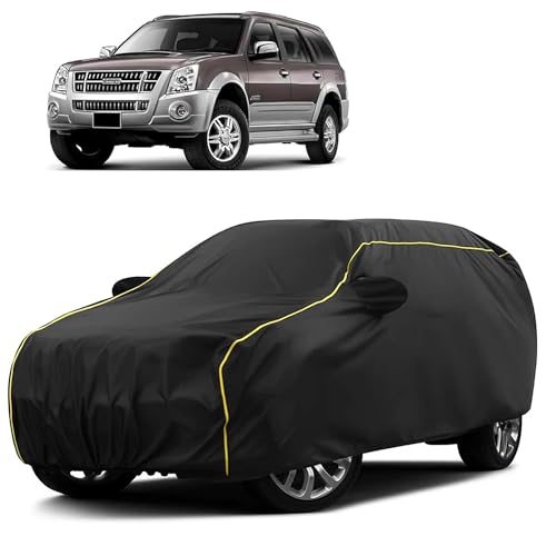 Image of Sulfar 100% Water Resistant Car Body Cover Compatible with Mirror for Isuzu MU7 (Triple Stitched, Full Bottom Elastic, Black Taffeta with Yellow Piping)