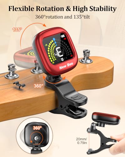 Image of New bee Guitar Tuner Rechargeable, Color Screen Clip On Tuner (Red, 1 Pack)