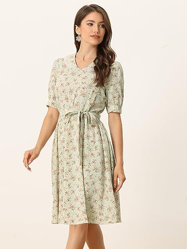 Image of Allegra K Women's Vintage Peter Pan Collar High Waist Flowy Midi Puff Sleeve Floral Dress