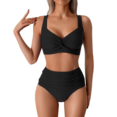 Bikini Oberteil Schwarz Bikini Damen Set Bauch Weg Badeanzug für Mollige Badeanzug Mit Bügel Splitter Sexy Casual Bademode Mit Brustpasse Ohne Stahlhalter Sommer Elegant Bademode Swimsuit AOS46