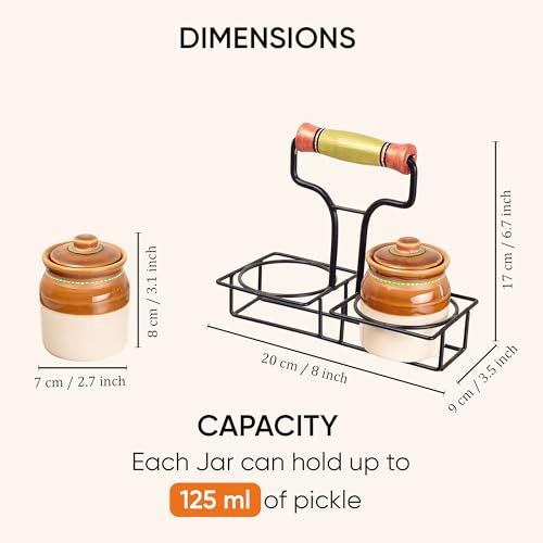 Image of AAKRITI ART CREATIONS Dual Elegance Ceramic Barni with Metal Stand | Ceramic Achar ki Barni & Mukhwas Box | Handcrafted Wali Art Storage Jar for Spice & Pickle | Traditional Achaar Barni for Kitchen