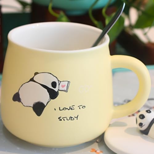 Image of NYRWANA Coffee Mug, Gift for Woman, Birthday Present for Girlfriend, Present for Wife Birthday, Mugs for Present, Panda Mug with Lid & Spoon (Yellow-350 ml)