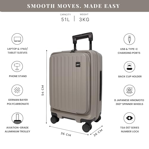 Image of F Gear Montreal Small Cabin Pro 54cm German Polycarbonate Hard Luggage |8 Japanese Hinomoto Silent Wheels|USB & Type-C Charging, Phone Stand & Cup Holder | Front Opening Suitcase for Travel|Taupe