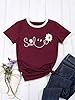 Yihelian Tshirts Women Crew Neck Top Ladies Daisy Print Short Sleeve Tee Shirt Summer Smile Letter Printed Shirts Wine Red #2
