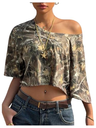 WDIRARA Women's Y2k Camo Print Off The Shoulder Crop Tee Top Short Sleeve Loose Fit T Shirts