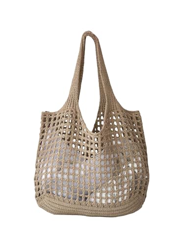 Image of SweatyRocks Women's Crochet Beach Mesh Tote Bags Retro Hobo Knitted Fishnet Handbags Khaki one-size