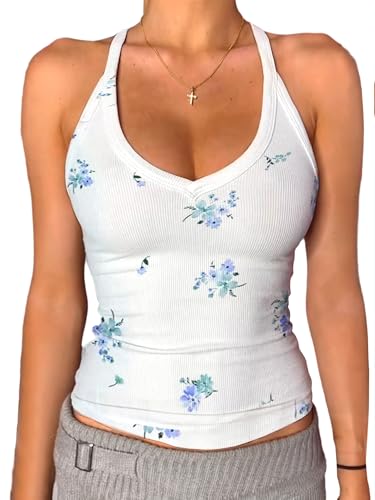 Image of Danysu V Neck Racer Back Tank Top for Women Padded Ribbed Long Tank Fitted Basic Cami Tops