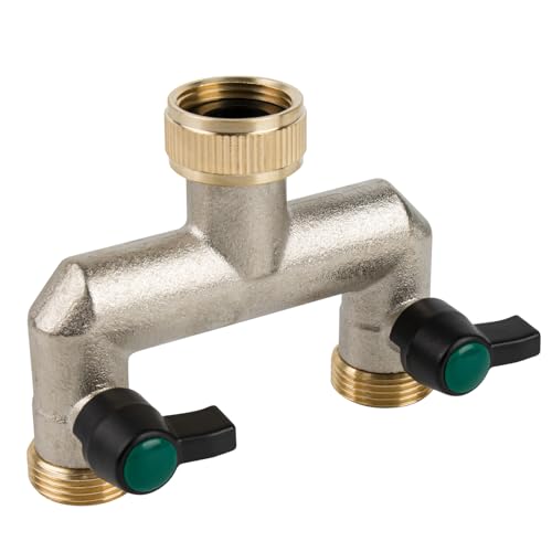 Hydrogarden Brass Garden Hose Splitter, 2 Way Faucet Diverter with Individual On/Off Valves, Outdoor Hose Splitter, Heavy Duty Nickel Plated, 3/4-Inch Female Inlet and 3/4-Inch Male Outlet Machine