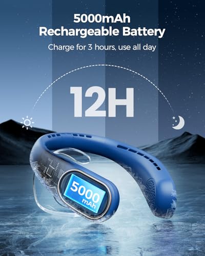 Portable Neck Fan – Hands Free Personal Fan, Rechargeable Bladeless Fan with 5000mAh-Battery, Digital Display, 4 Speeds, Birthday Gifts for Men, Women, Mom, and Dad – Blue