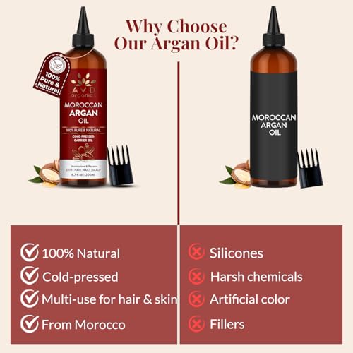 Image of AVD ORGANICS Argan Oil, 100% Pure | for Hair, Face & Skin | Cold Pressed Argan Oil for Hair | Moisturizer for Skin, Face, Body, Scalp & Nails | 6.7 fl oz | Imported from Morocco