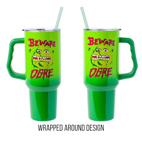 Image of Silver Buffalo Shrek Beware Ogre Double Walled Stainless Steel Tumbler with Handle and Straw, Fits in Standard Cup Holder, 40 Ounces